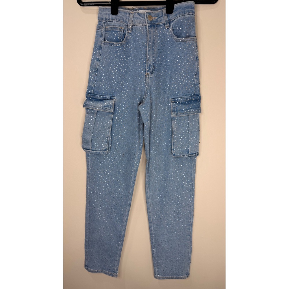 #154 MUY MUY Rhinestone Cargo Jeans Sz. 3 Blue Embellished W: 24" R: 11.5" I: 29
